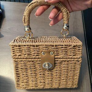 Neiman Marcus Handwoven Rattan Straw Square Beach Bag